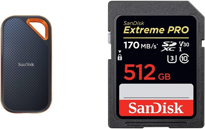 SanDisk 2TB Extreme PRO Portable SSD - Up to 2000MB/s - USB-C, USB 3.2 Gen 2x2 - External Solid State Drive - SDSSDE81-2T00-G25 512GB Extreme PRO SDXC UHS-I Card