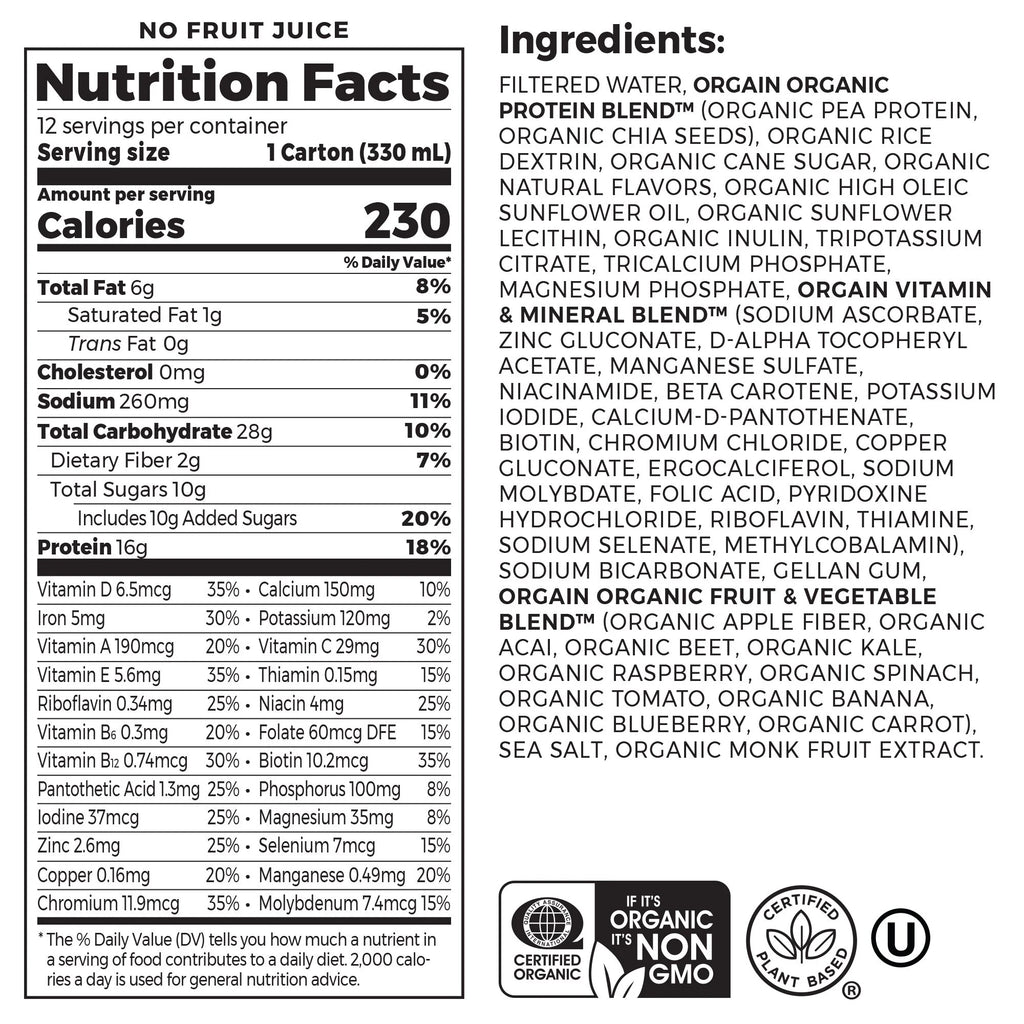Orgain Organic Vegan Protein Shake, Vanilla Bean, 11oz, 12ct M15442