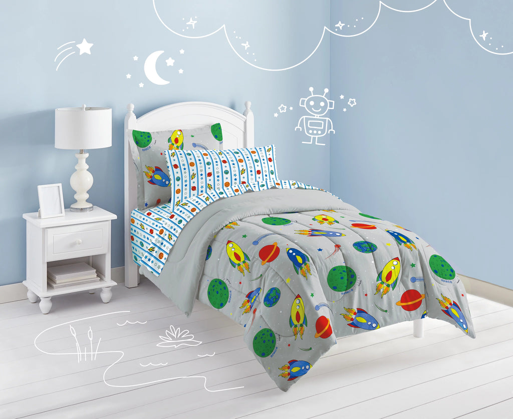 Dream Factory Space Rocket Twin 5 Piece Comforter Set, Bed-in-a-Bag Polyester, Grey, Multi, Male, Child