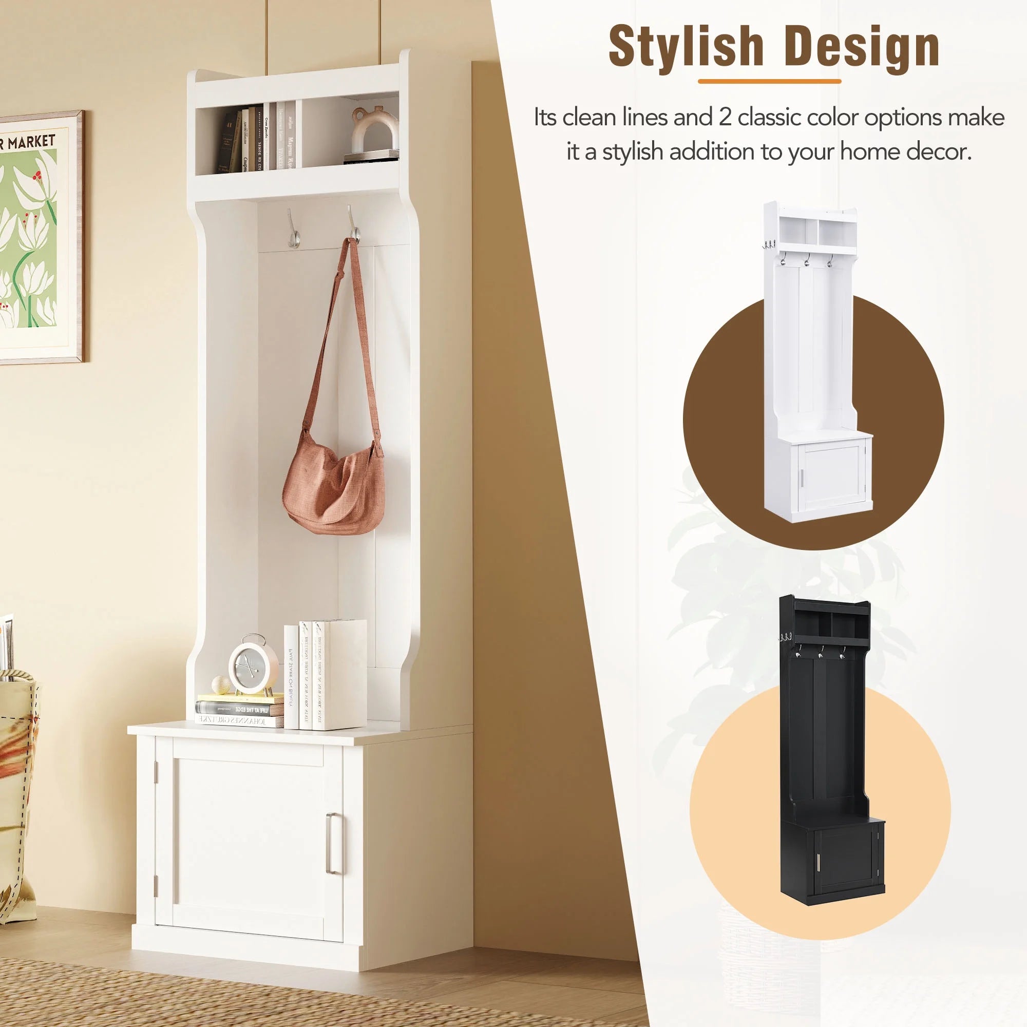 CoSoTower Minimalist Hall Tree with Cabinet & 6 Hanging Hooks, White N614324