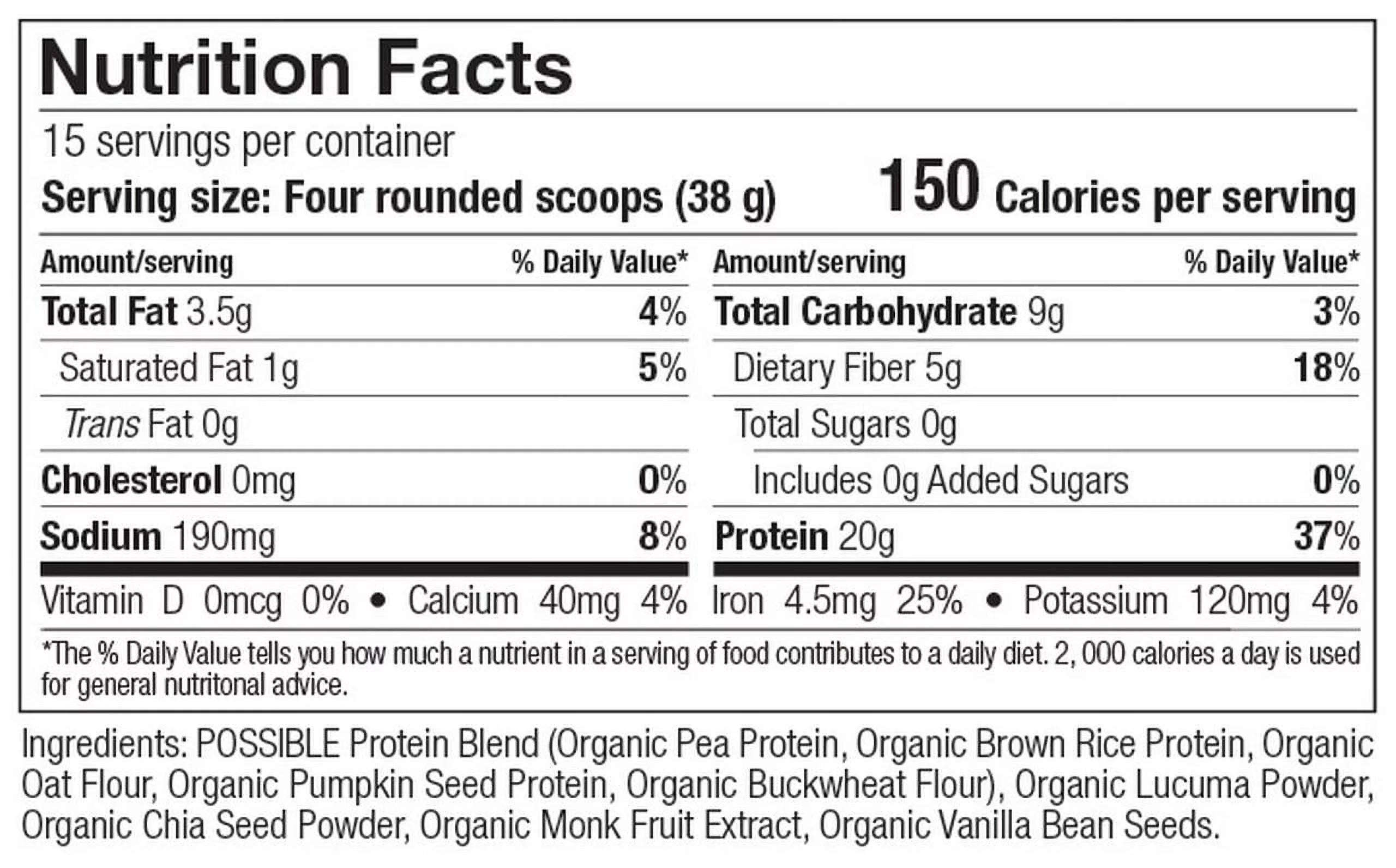 POSSIBLE Protein Powder Vanilla Bean - Vegan Plant-Based Protein Mix, Non-GMO, Gluten-Free - 15 Servings O111