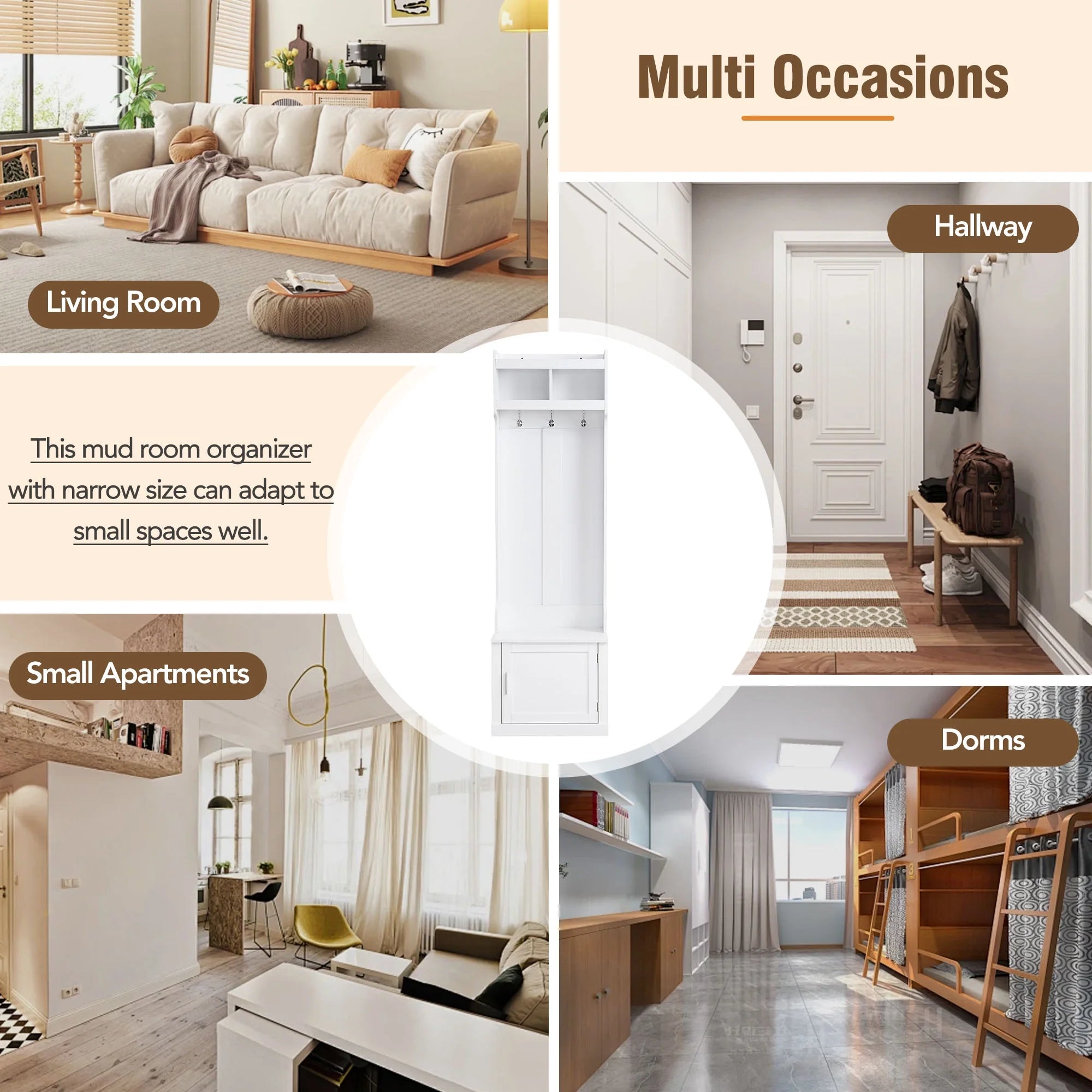 CoSoTower Minimalist Hall Tree with Cabinet & 6 Hanging Hooks, White N614324