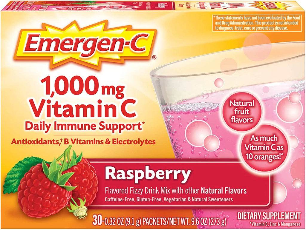 1000mg Vitamin C Powder, with Antioxidants, B Vitamins and Electrolytes, Immunity Supplements for Immune Support, Caffeine Free Fizzy Drink Mix, Raspberry Flavor - 30 Count/1 Month Supply