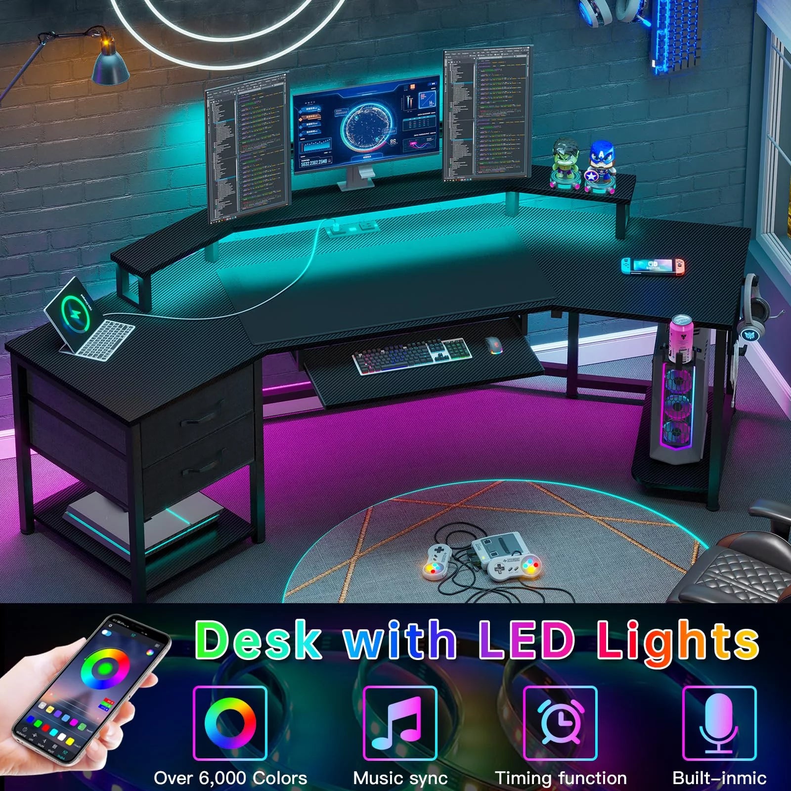 79" Gaming Desk with LED Lights & Power Strip, L Shaped Computer Desk with Storage, Black F674