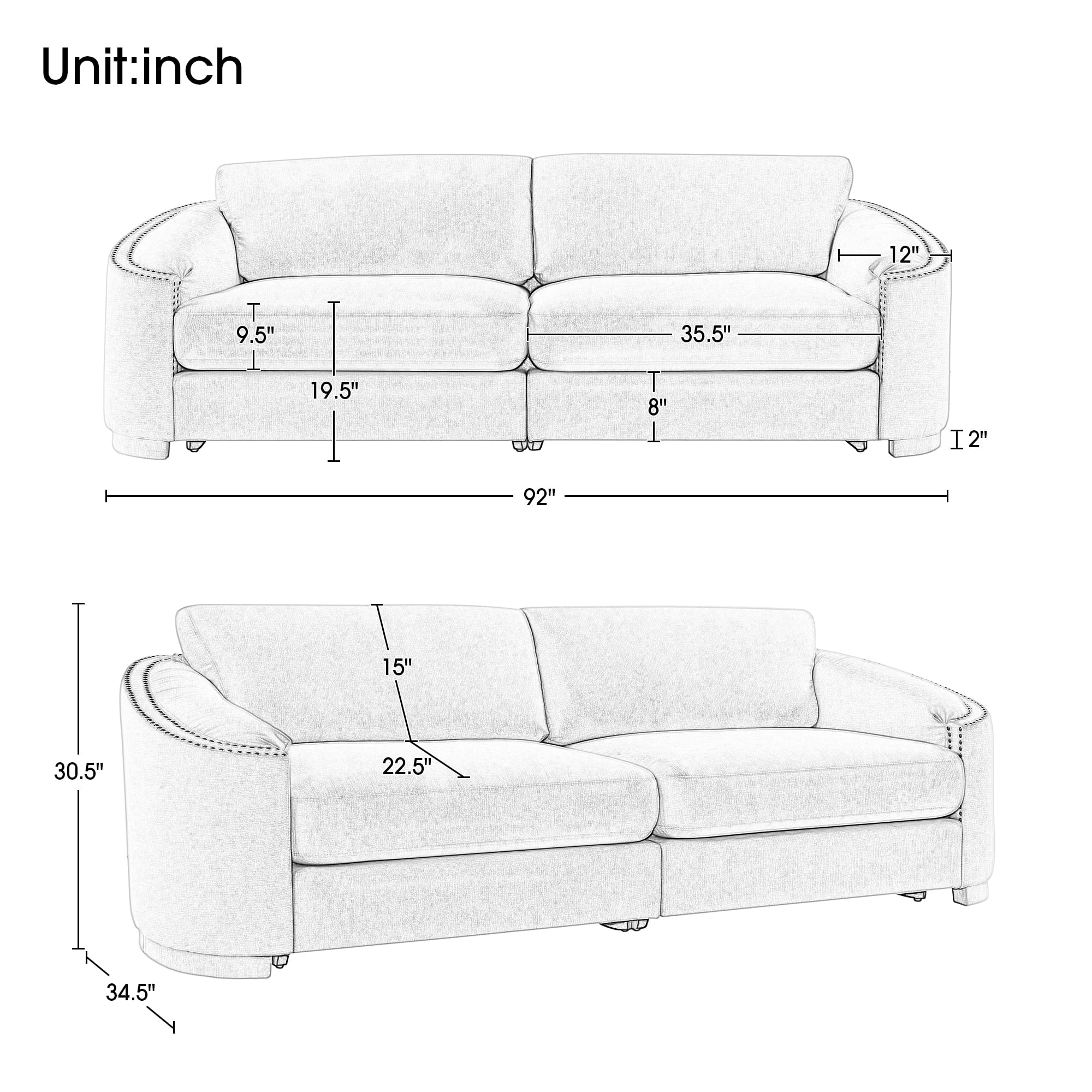 KAMIDA 3-Seater Upholstered Sofa Couch with Semilunar Arms, Beige V218