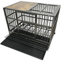 54/48/42/38 Inch Heavy Duty Dog Crate Cage with Stylish Woodtop, Indestructible Steel Kennel Indoor for High Anxiety Dogs with Sturdy Locks, Wheels, Double Door and Tray, Extra Large XL XXL