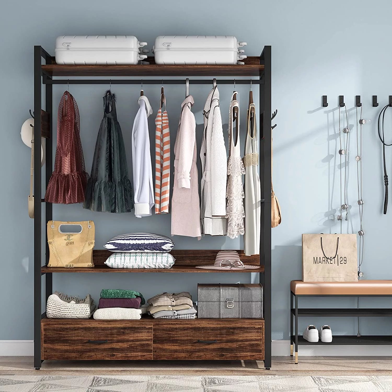 Tribesigns Heavy Duty Clothes Rack with Shelves and 2 Drawers, Rustic Brown V99073