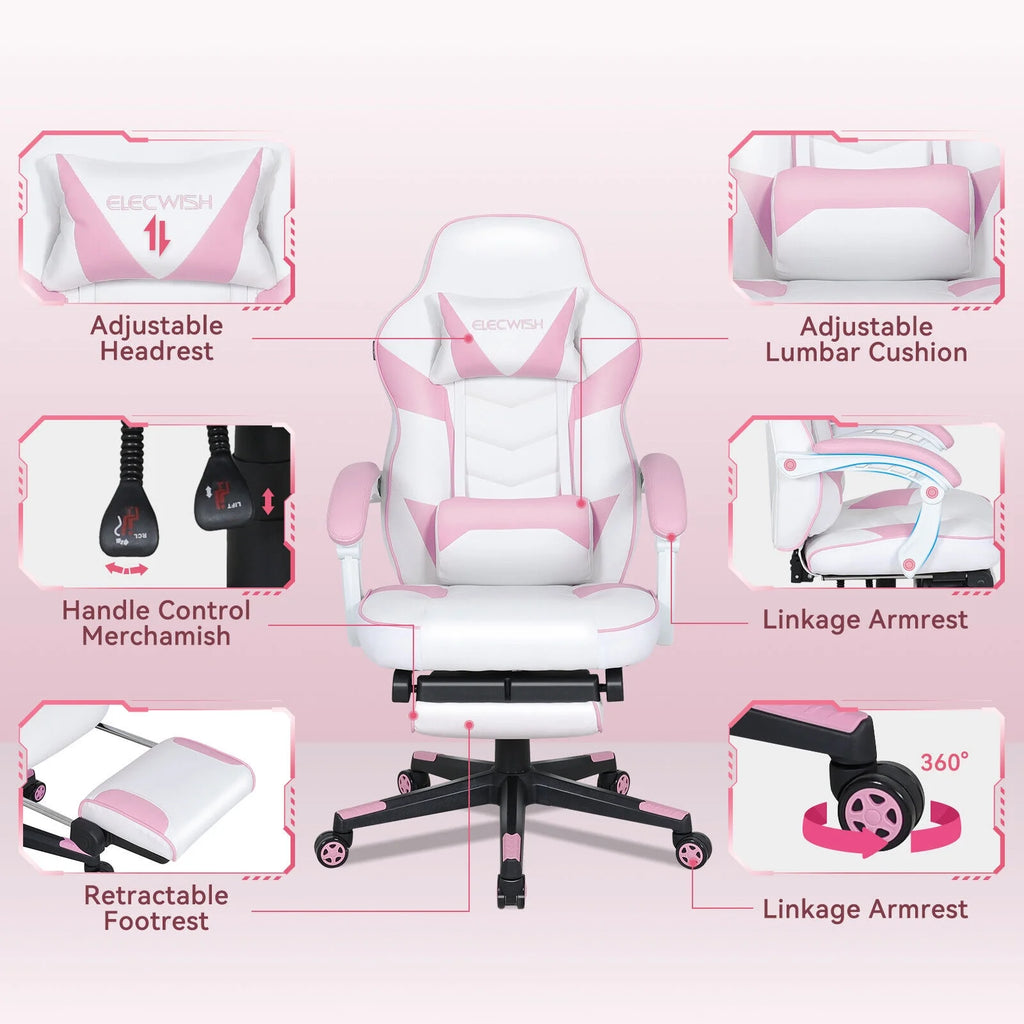 ELECWISH Gaming Chair Adjustable Lumbar Support Swivel Office Chair, Pink T526