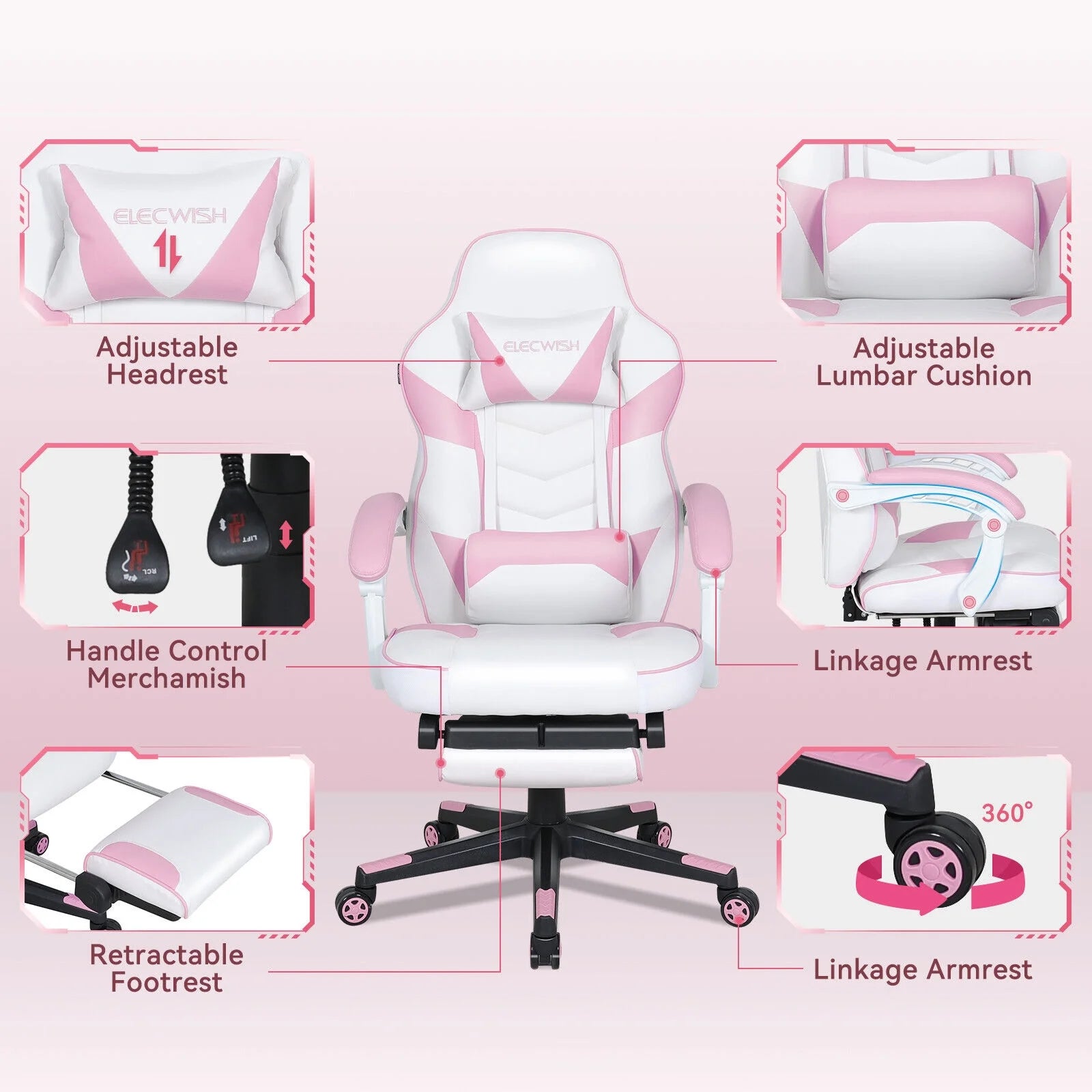 ELECWISH Gaming Chair Adjustable Lumbar Support Swivel Office Chair, Pink T526