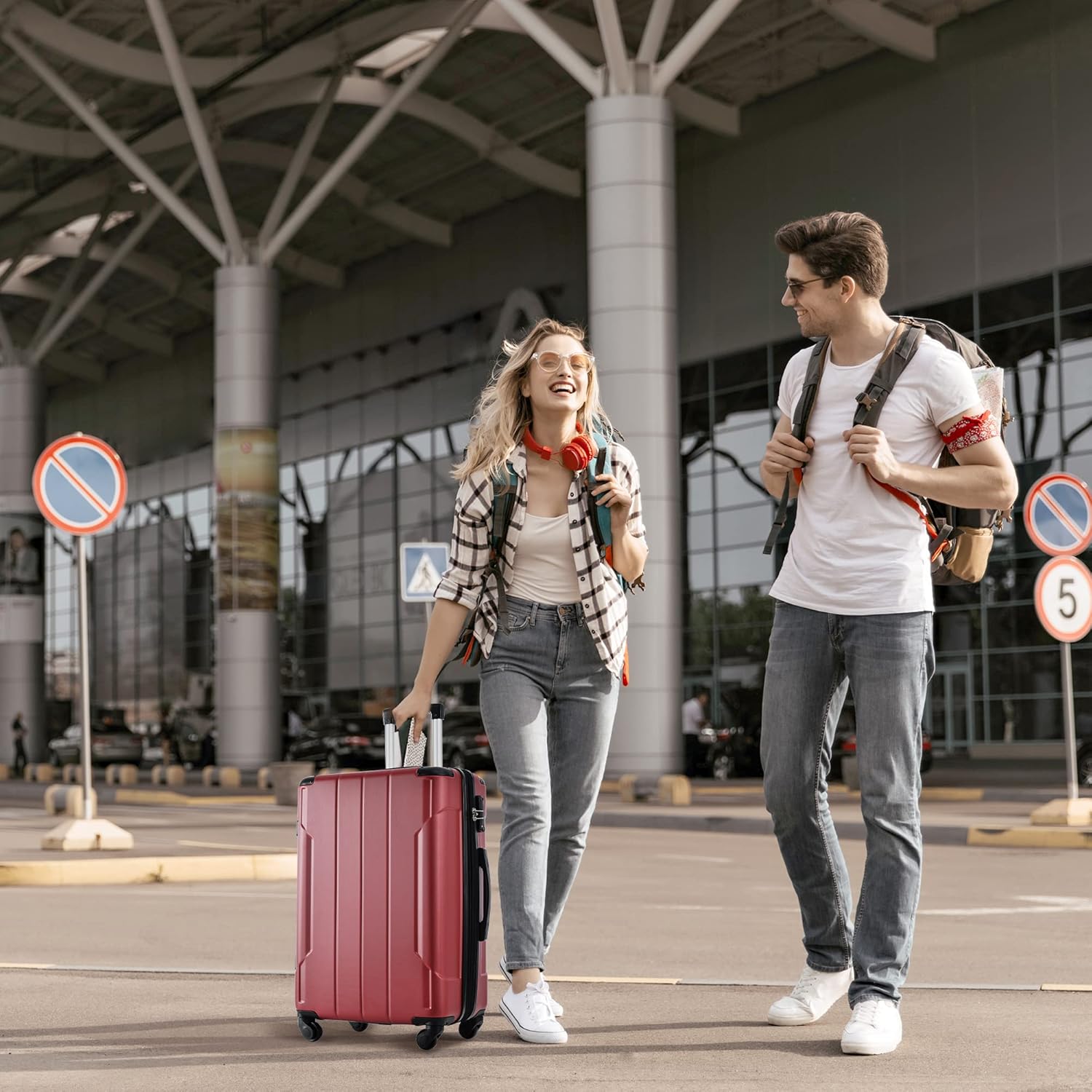 Flieks 3 Piece Luggage Set, Lightweight Hardshell Spinner, TSA Lock, Red L18160