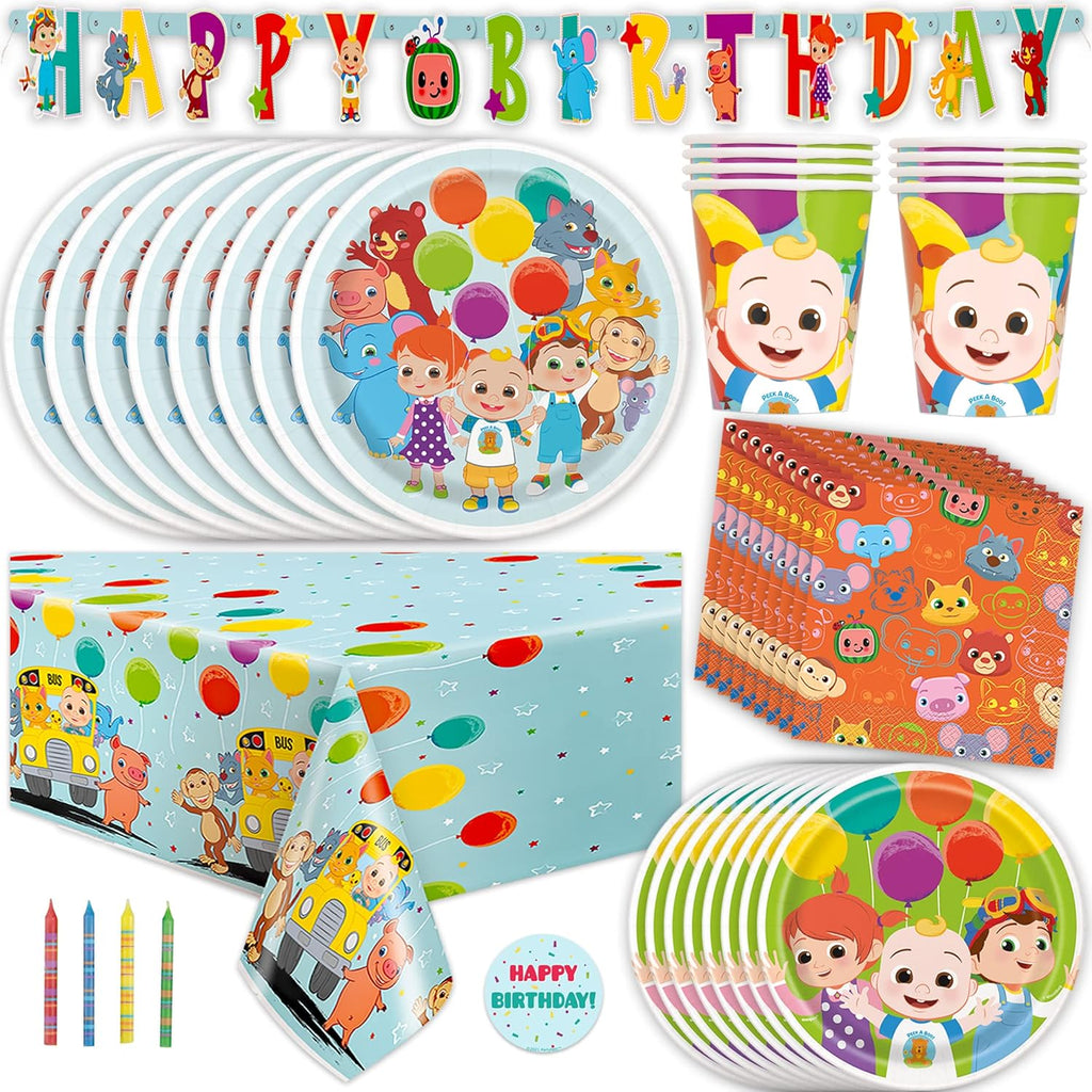 Cocomelon Party Supplies Set | Cocomelon Birthday Party Supplies and Decorations | Serves 16 Guests | With Banner, Table Cover, Plates, Napkins, Cups and Sticker