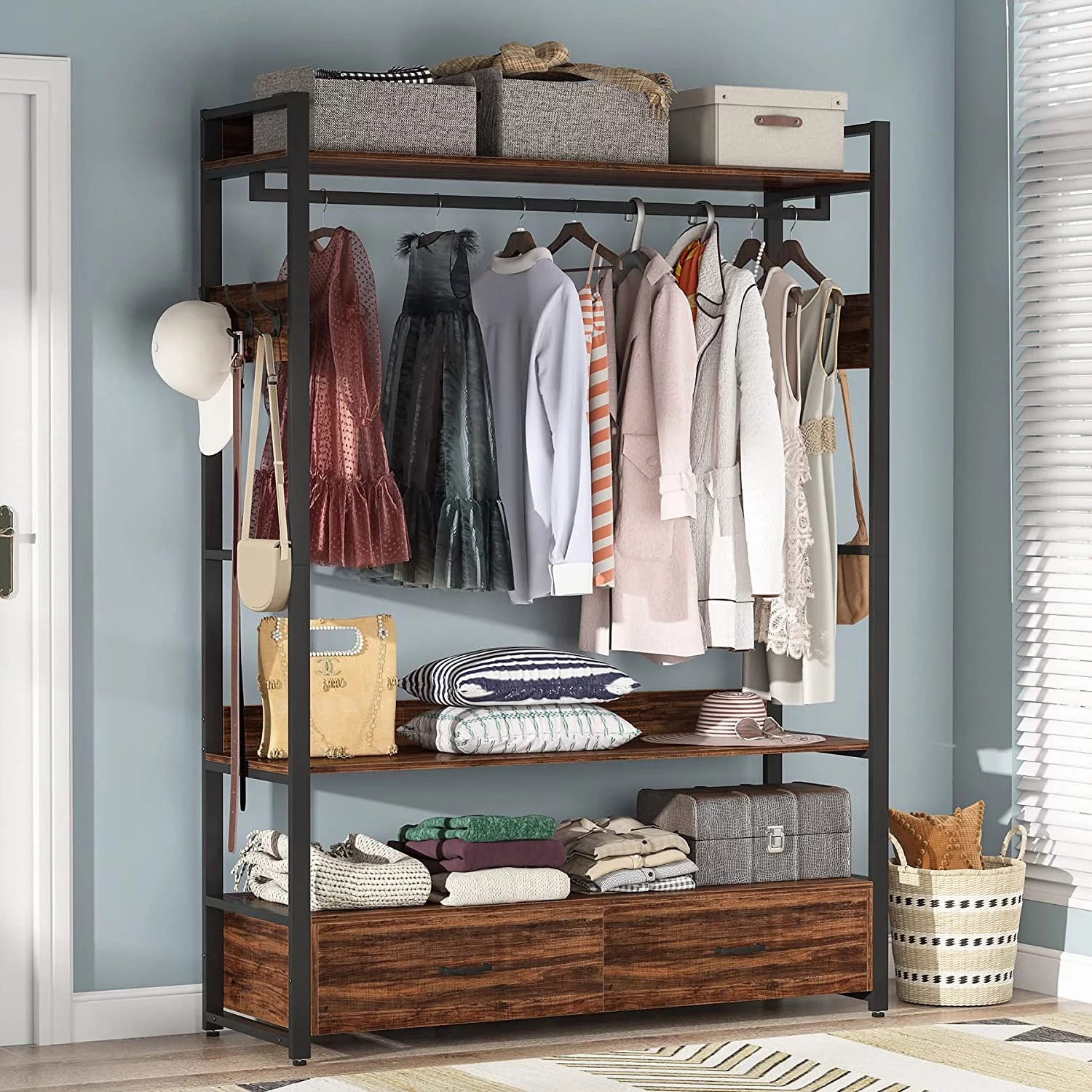 Tribesigns Heavy Duty Clothes Rack with Shelves and 2 Drawers, Rustic Brown V99073
