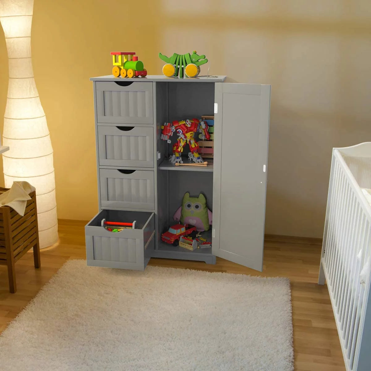 Freestanding Bathroom Storage Cabinet with 4 Drawers and Cupboard, Gray E602183