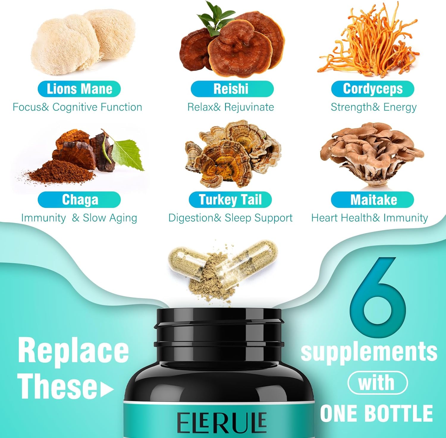 6 in 1 Mushroom Supplement with Lions Mane, Reishi, Cordyceps, Chaga, Turkey Tail, Maitake - 120 Capsules U8605