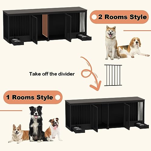 Large Wooden Dog Crate for 2 Dogs with Bowl Drawers, Black Z4354