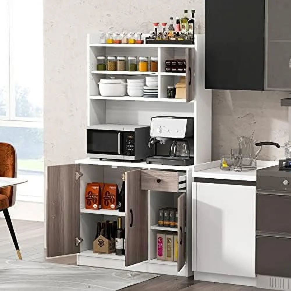 CCBIUOMBO Kitchen Pantry Cabinet 71'' Freestanding Microwave Cupboard with 3 Cabinets & Drawer, White T87043