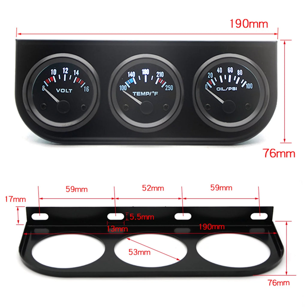 Triple Gauge Kit 3-in-1 Car Meter Voltage Water Temp Oil Pressure 52mm X776492