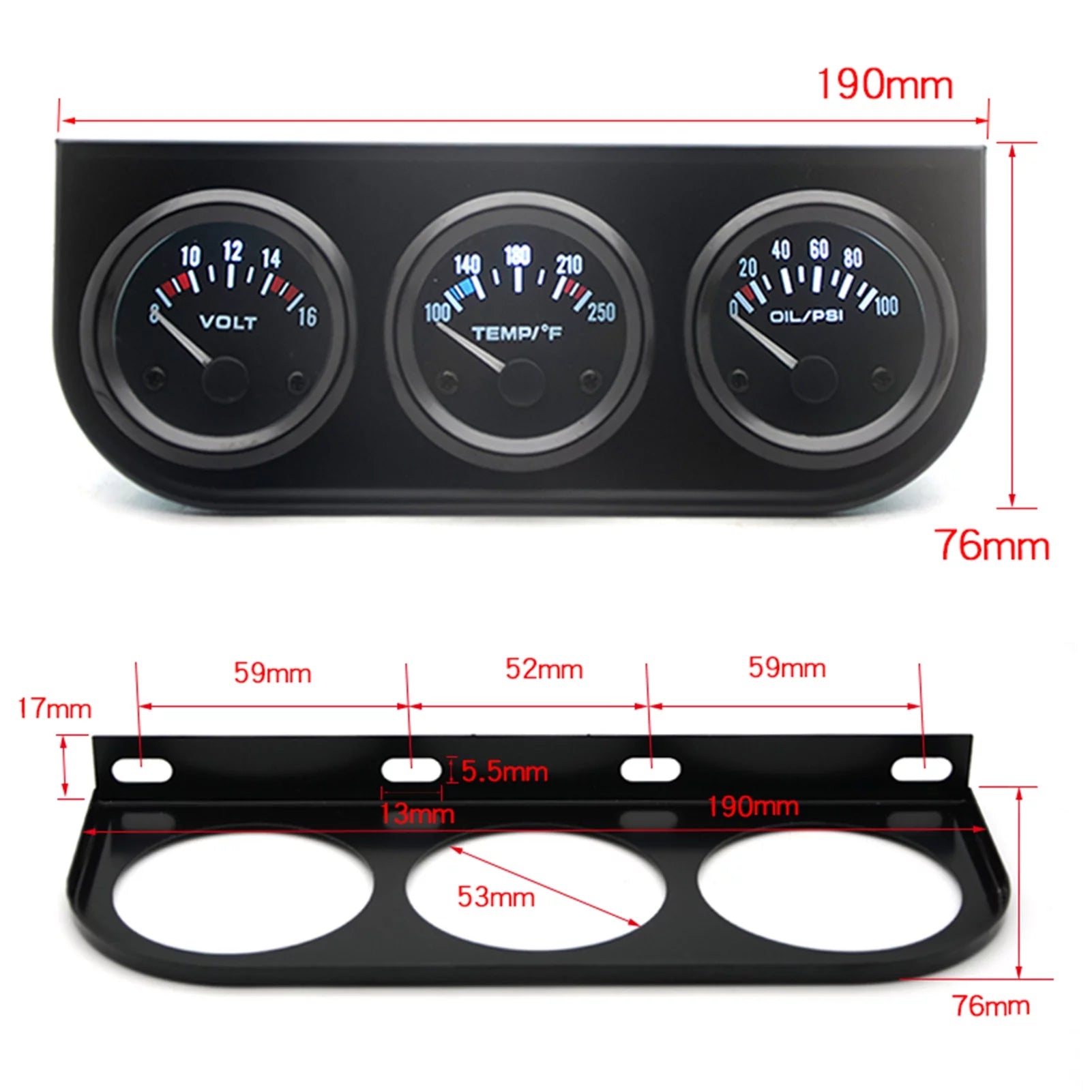 Triple Gauge Kit 3-in-1 Car Meter Voltage Water Temp Oil Pressure 52mm X776492