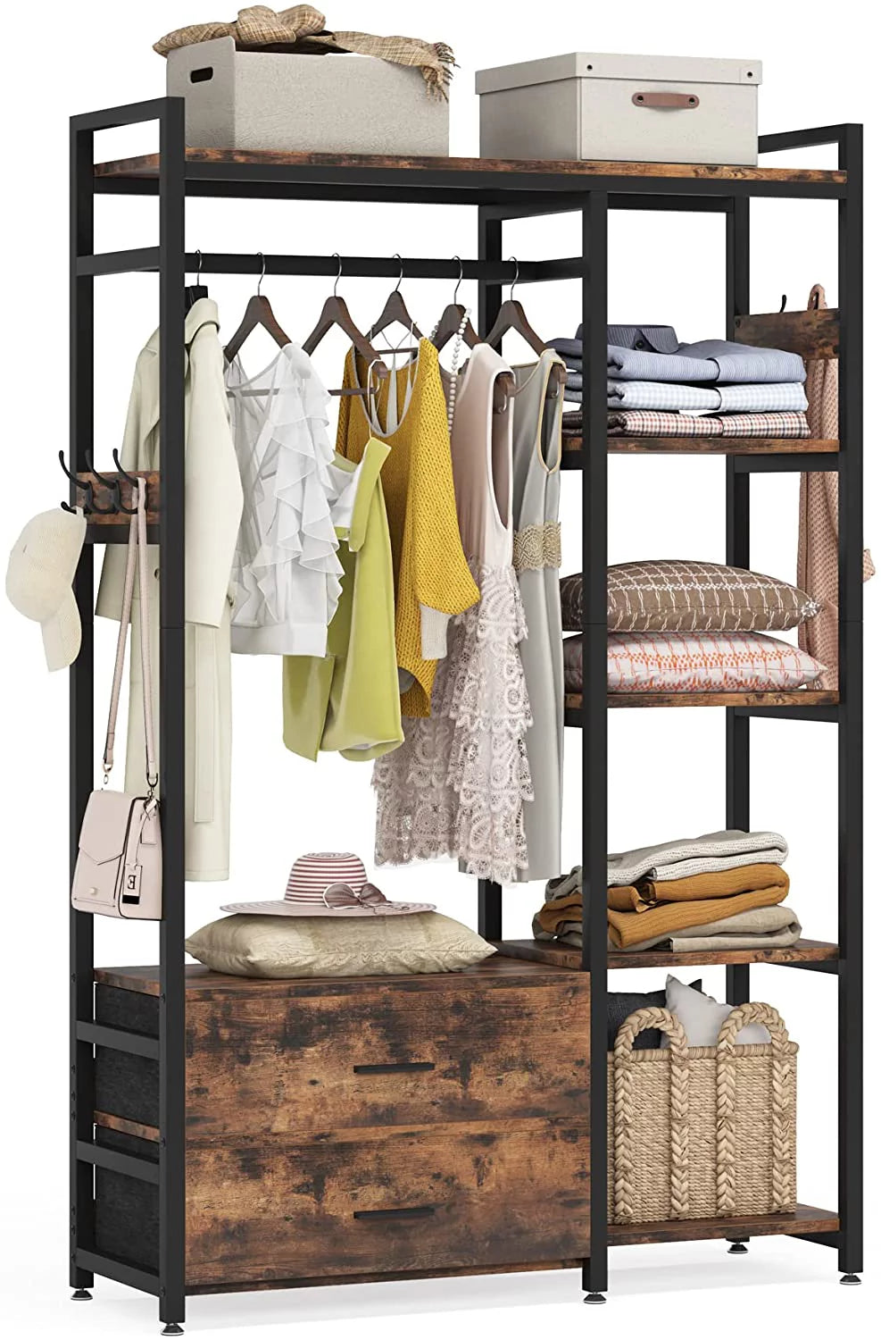 Tribesigns Freestanding Closet Organizer with Drawers and Shelves, Rustic Brown F28099