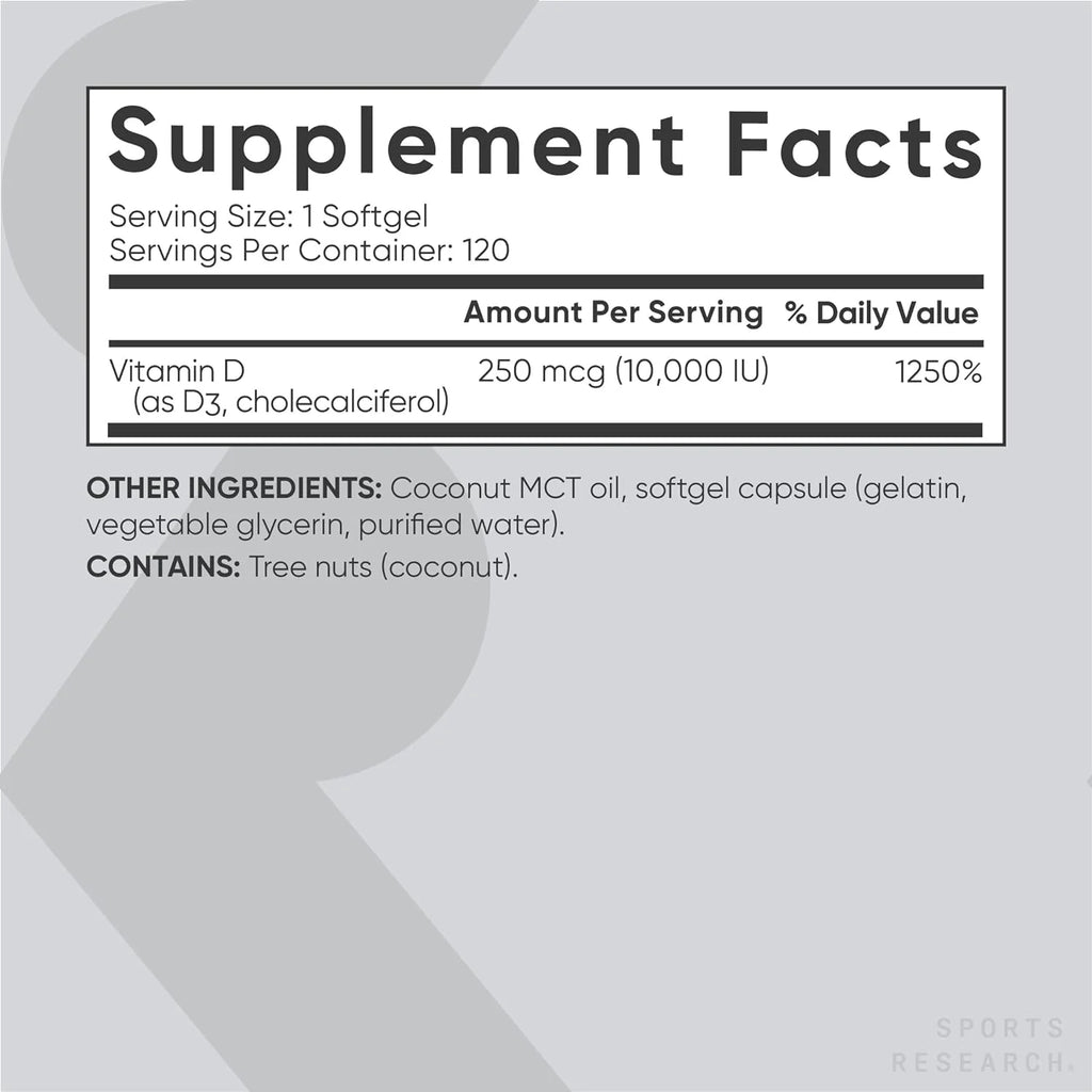 Sports Research Vitamin D3 10,000 IU with Coconut MCT Oil, 120 Liquid Softgels H5210