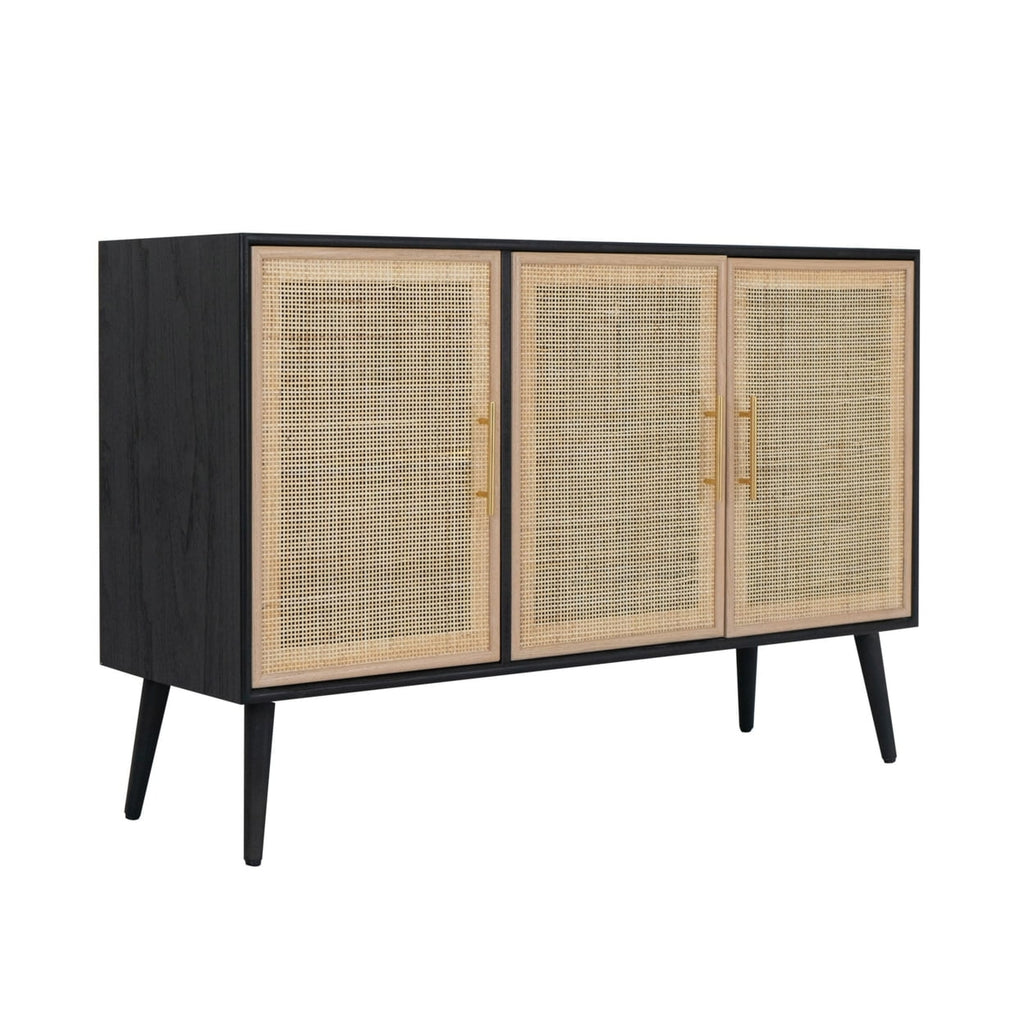 Dana 47 Inch TV Media Entertainment Center, Pine Wood, Rattan Doors, Black- Saltoro Sherpi