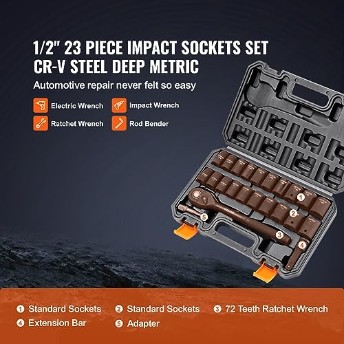 VEVOR 1/2" Drive Impact Socket Set, 23 Piece SAE & Metric B482619