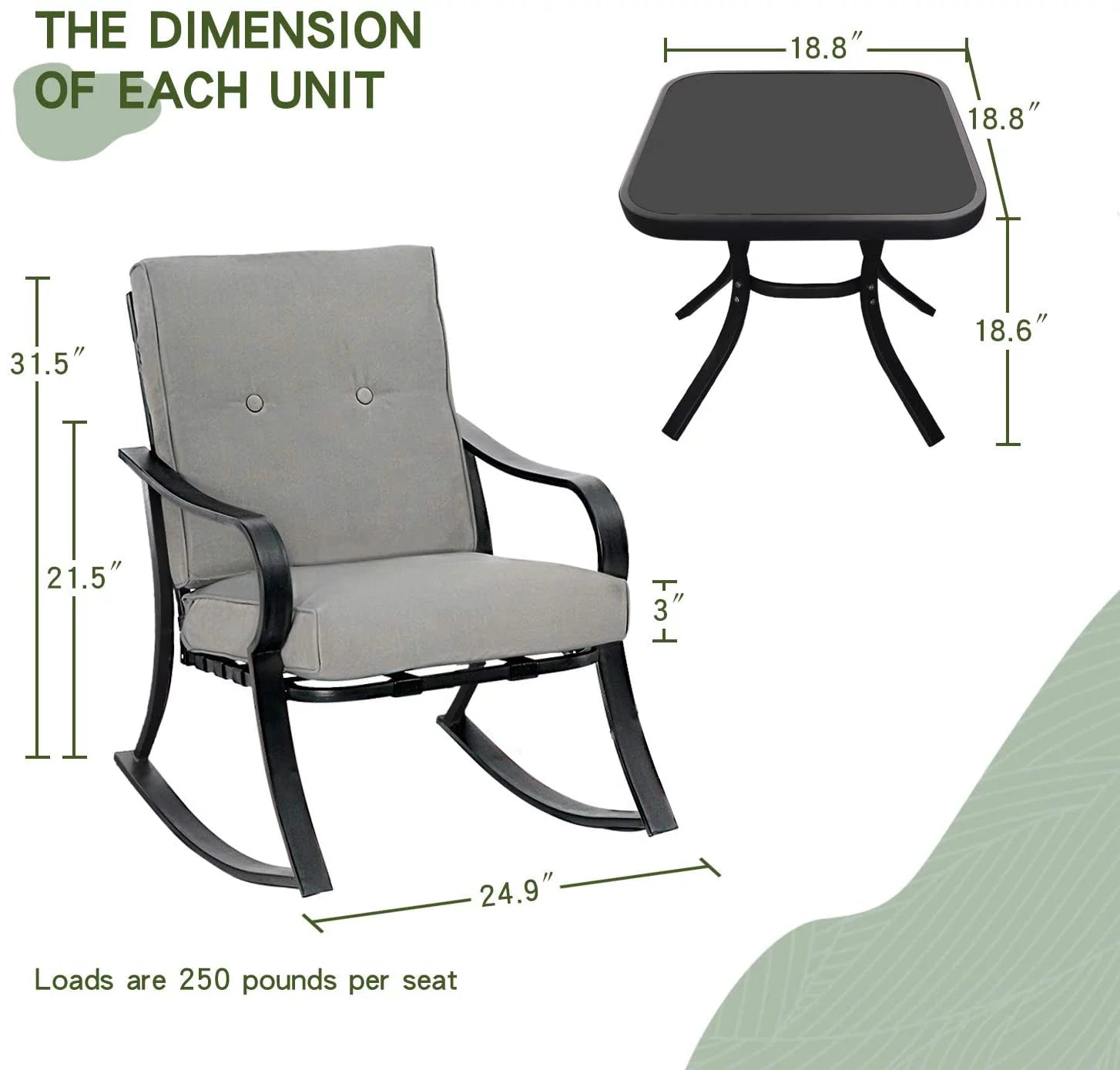 SOLAURA 3-Piece Outdoor Rocking Chairs Set with Cushions & Glass Table X314