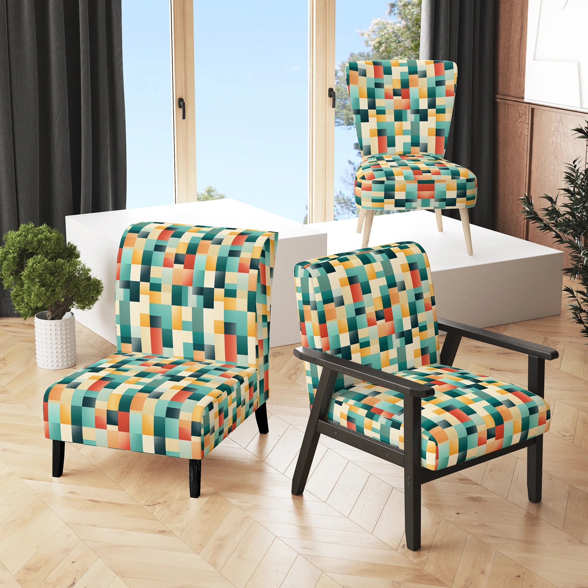 Designart "Orange And Green Popart Pop Culture Pixels I" Upholstered Striped Accent Chair and Modern & Contemporary Arm Chair - Multiple Color & Pattern