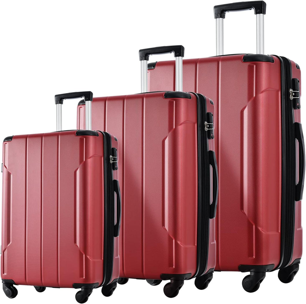 Flieks 3 Piece Luggage Set, Lightweight Hardshell Spinner Travel Suitcase with 4 wheels and TSA Lock (20''24''28'', Red)