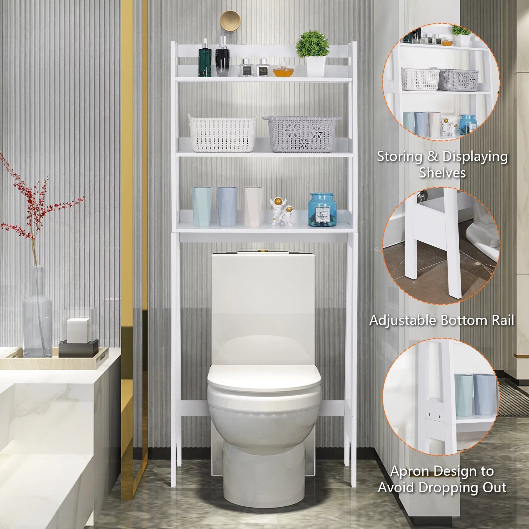 ZENY Over-The-Toilet Storage Shelf 3-Tier Wooden Bathroom Organizer White F420371