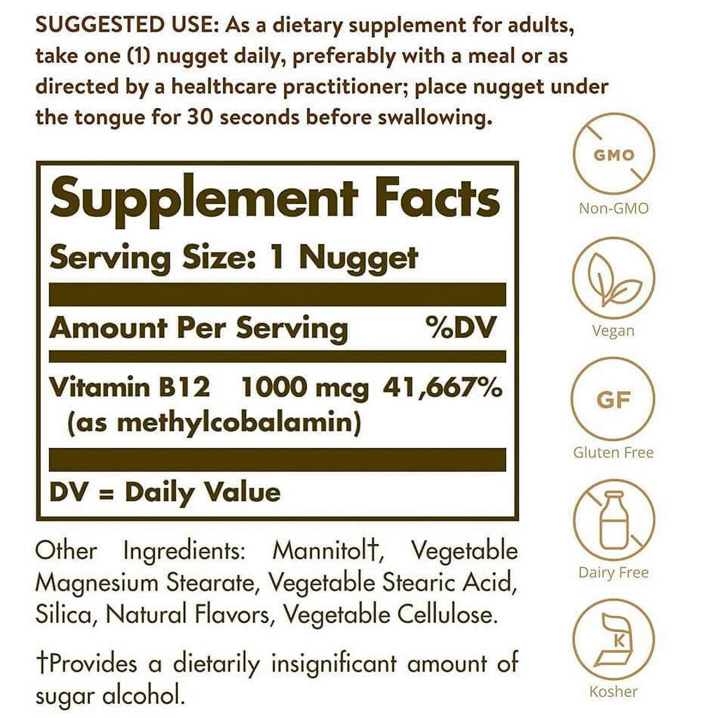 Solgar Sublingual Methylcobalamin Vitamin B12 1000 mcg 60 Nuggets 3 Packs M450