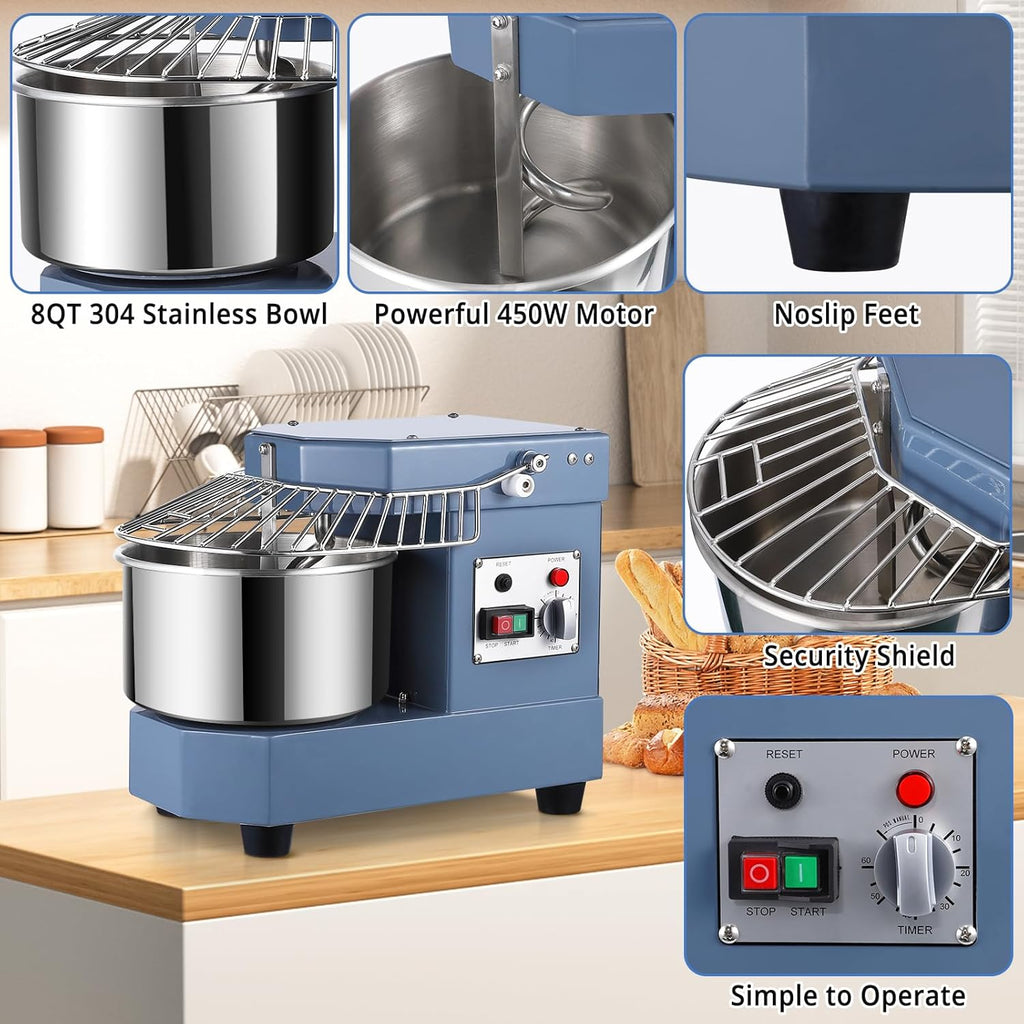 Commercial Dough Mixer 8Qt Stainless Steel Bowl 450W with Timer F551478