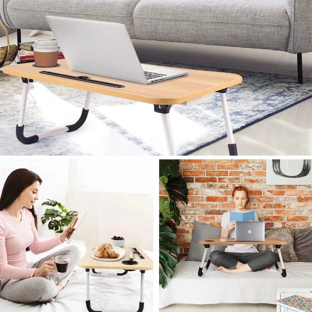 LEUCHTA Foldable Lap Desk, 23.6 Inch Portable Wood Laptop Table with Cup Holder and Drawer, Walnut K433269
