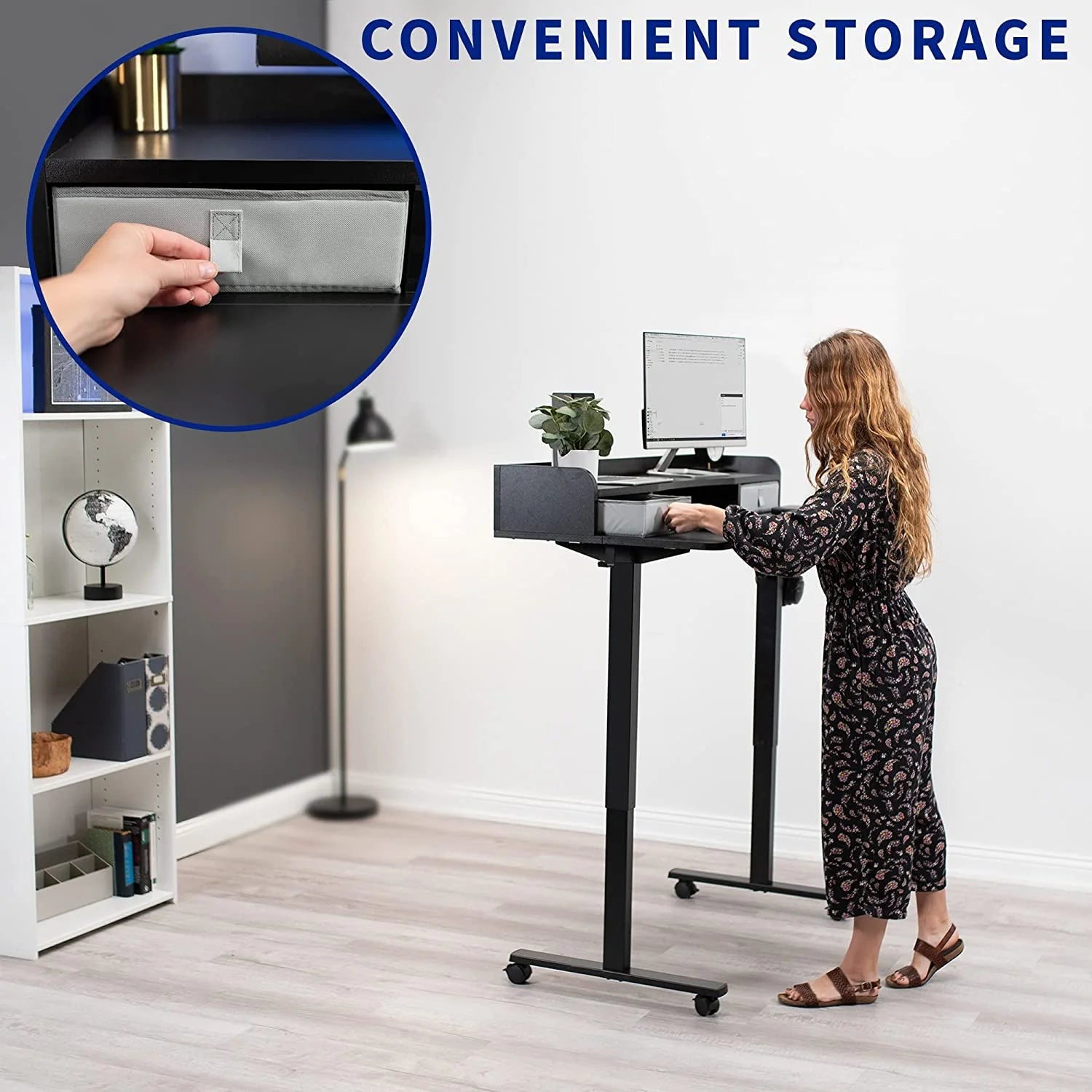 Electric 2-Tier Height Adjustable Stand Up Desk with Storage Drawers, Dark Walnut W1695