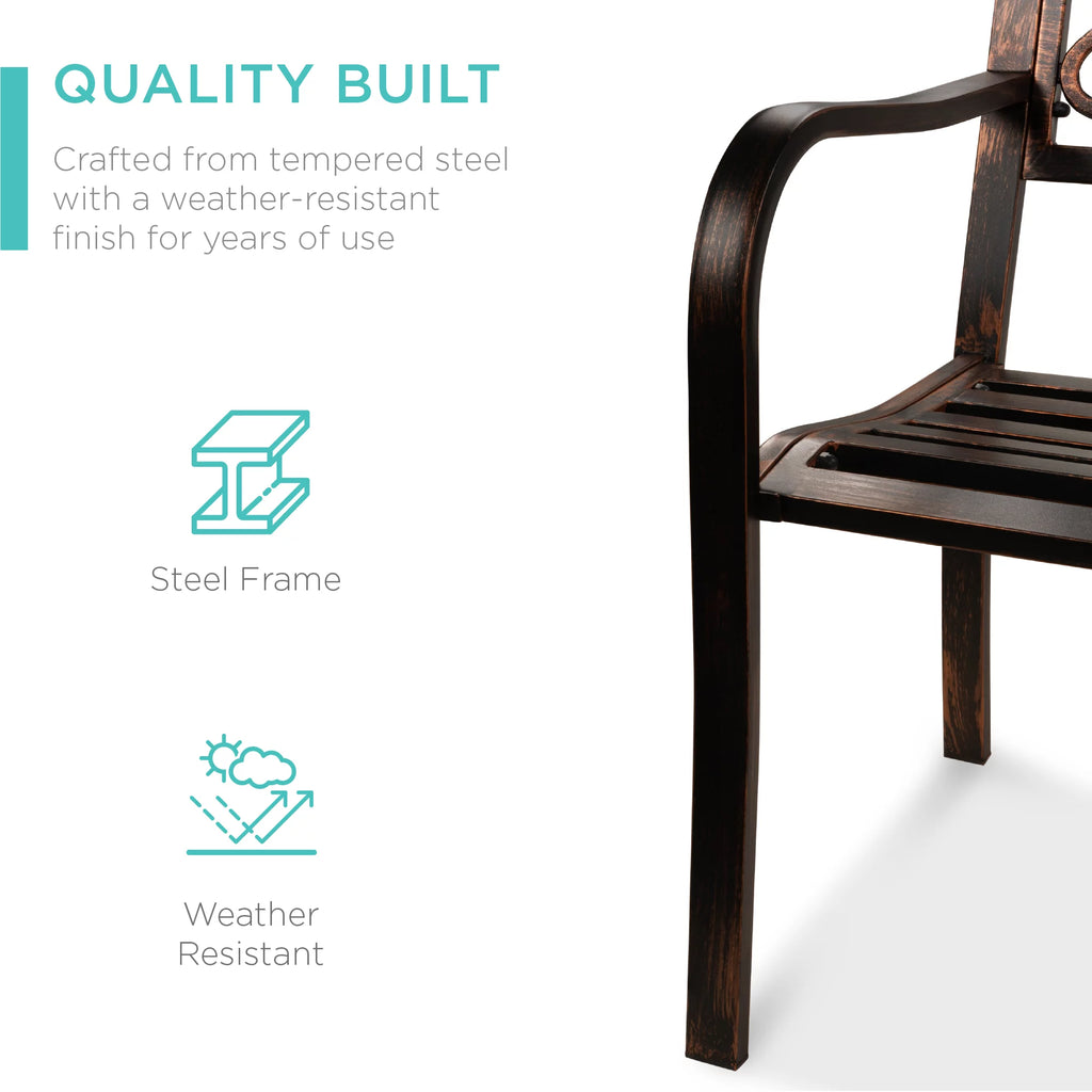 Outdoor Steel Bench Garden Patio Furniture with Floral Design Backrest, Brown Y97572