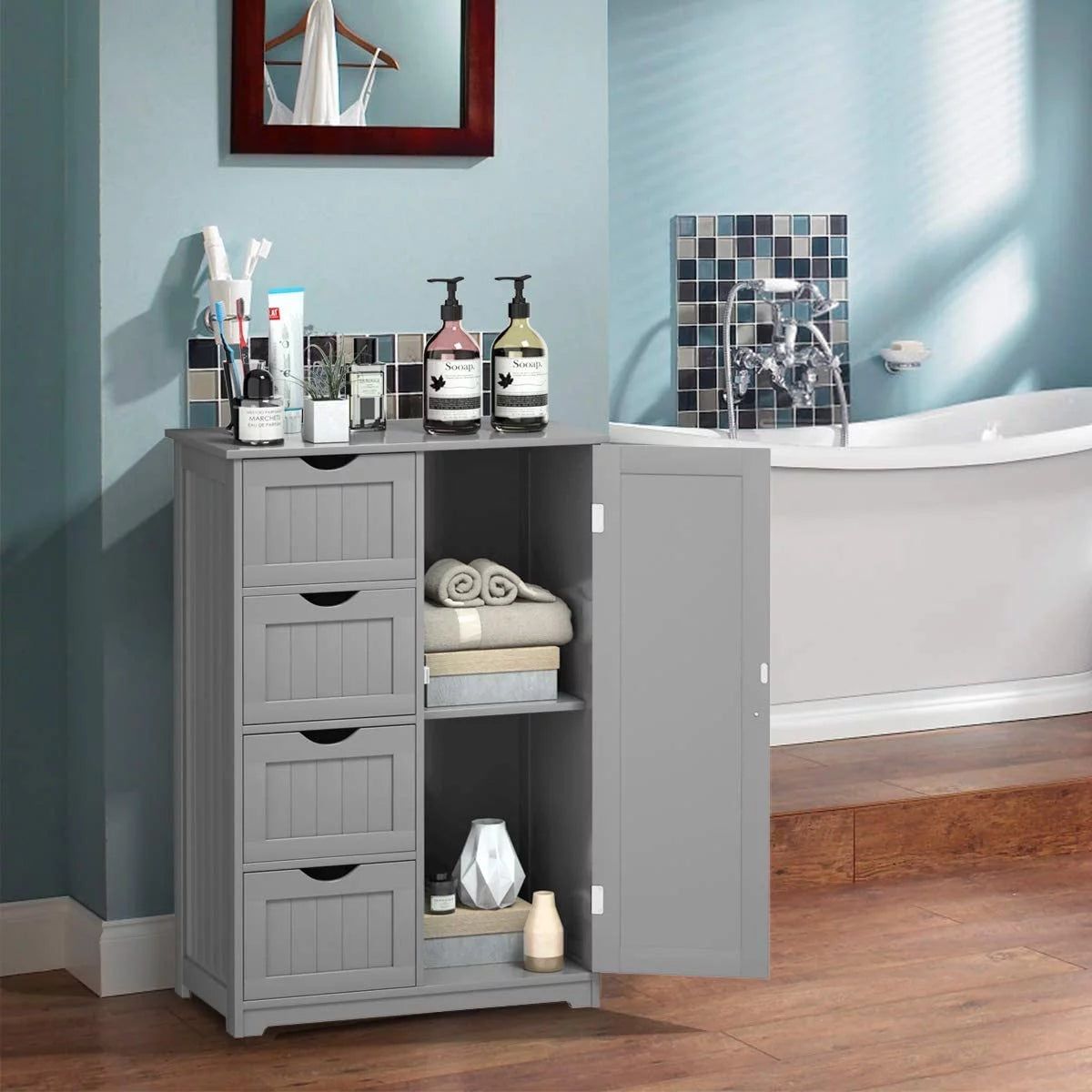 Freestanding Bathroom Storage Cabinet with 4 Drawers and Cupboard, Gray E602183