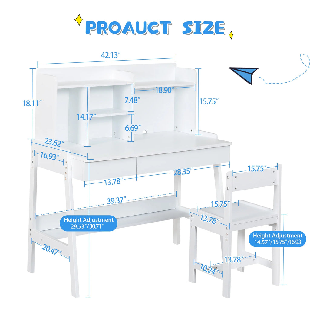 Kids Desk and Chair Set with Drawers, White Wooden Study Desk for Ages 5-12 F251