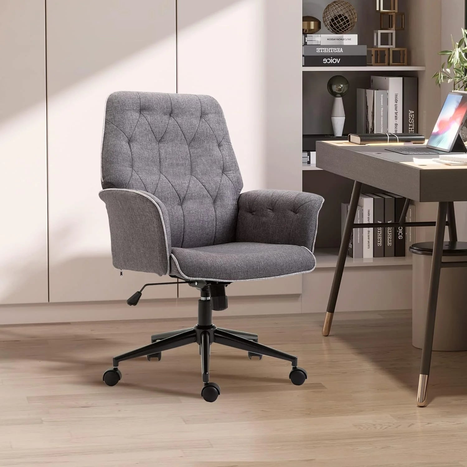 Vinsetto Linen Home Office Chair, Tufted Height Adjustable, Dark Gray L200