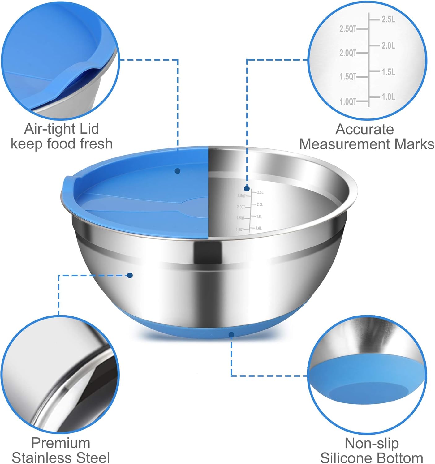 Stainless Steel Mixing Bowl Set with Airtight Lids, 5 Pieces P587