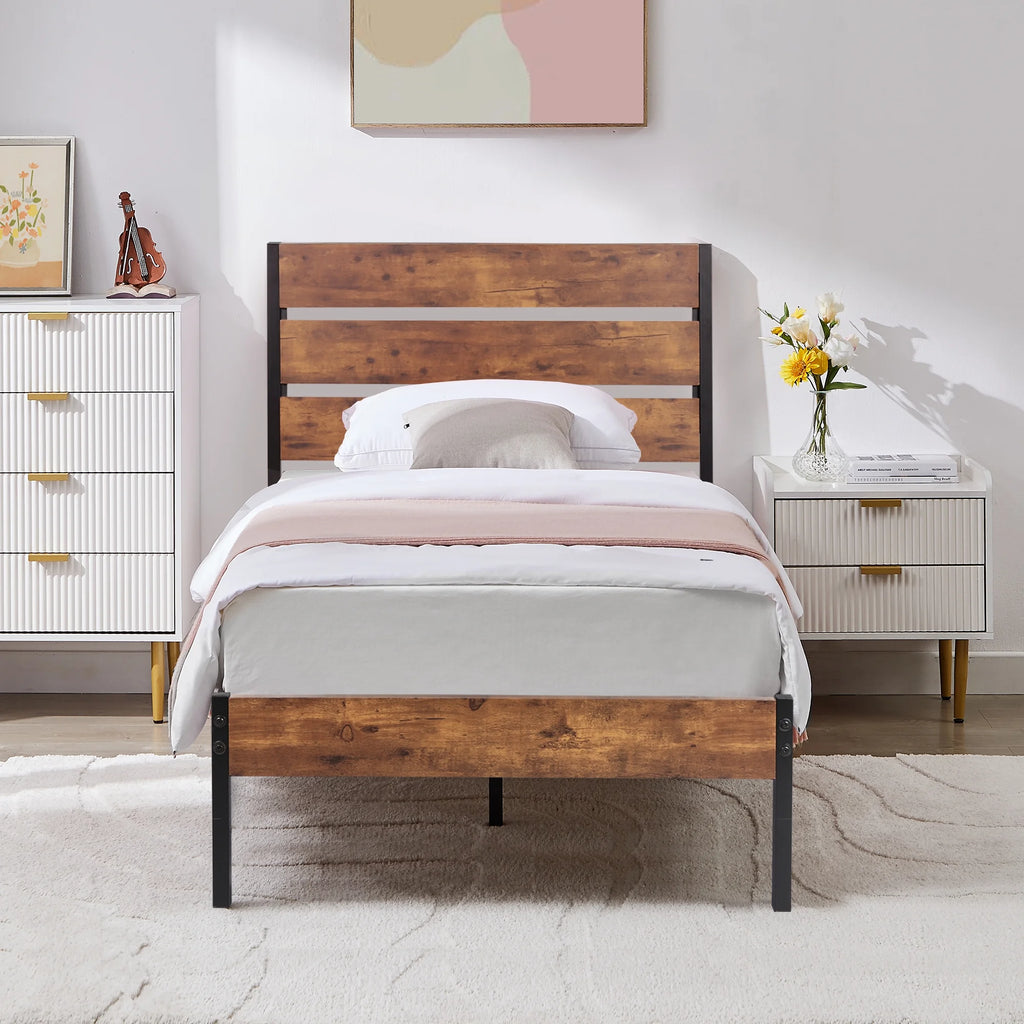 VECELO Twin Bed Frame with Wooden Headboard, Metal Slats, Brown L2211