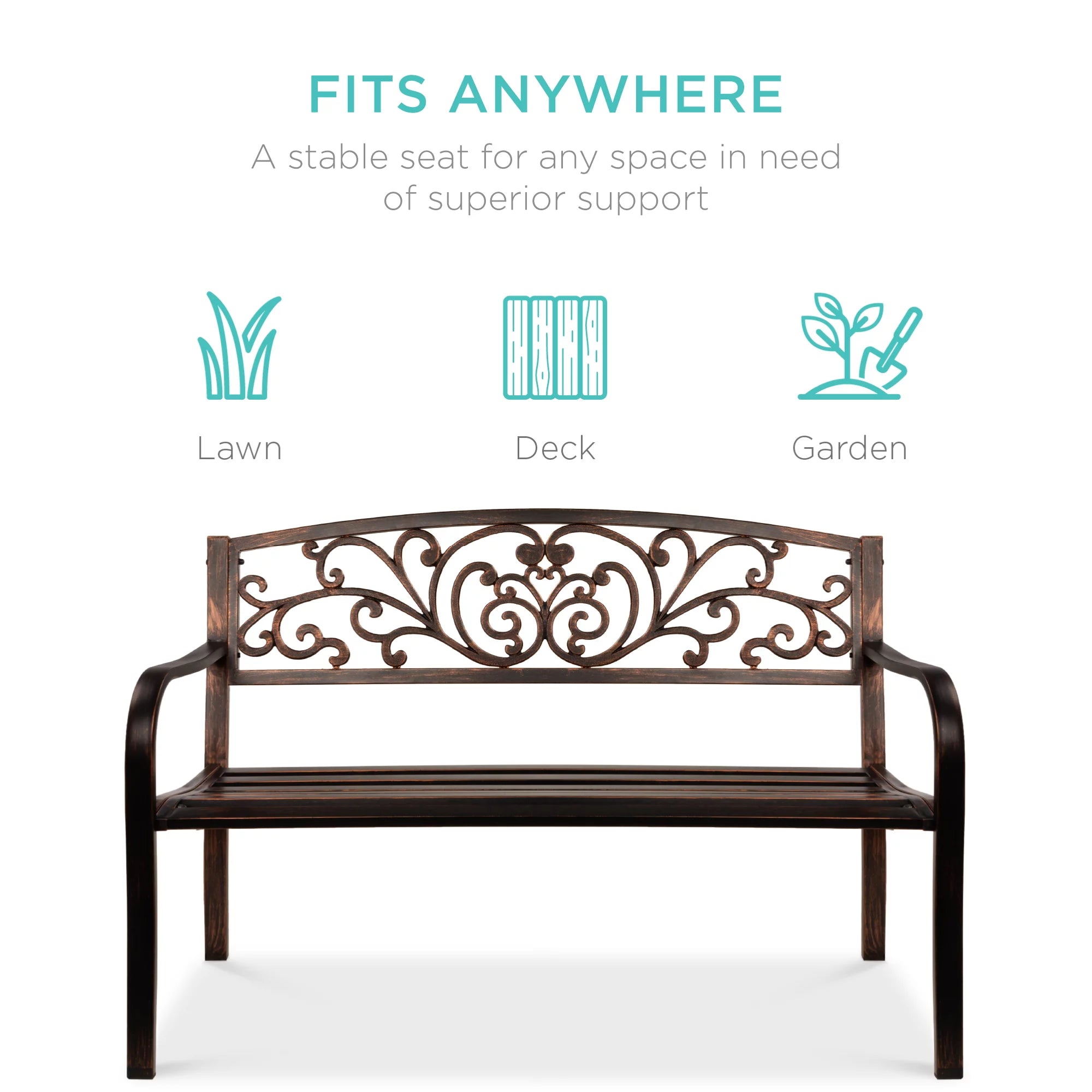Outdoor Steel Bench Garden Patio Furniture with Floral Design Backrest, Brown Y97572