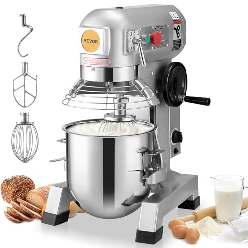 VEVOR Commercial Mixer, Commercial Food Mixer 10Qt Stainless Steel Bowl, 450W Commercial Stand Mixer with 3 Speeds Adjustable, Dough Hook Whisk Beater Included, Perfect for Bakery Pizzeria, Silver