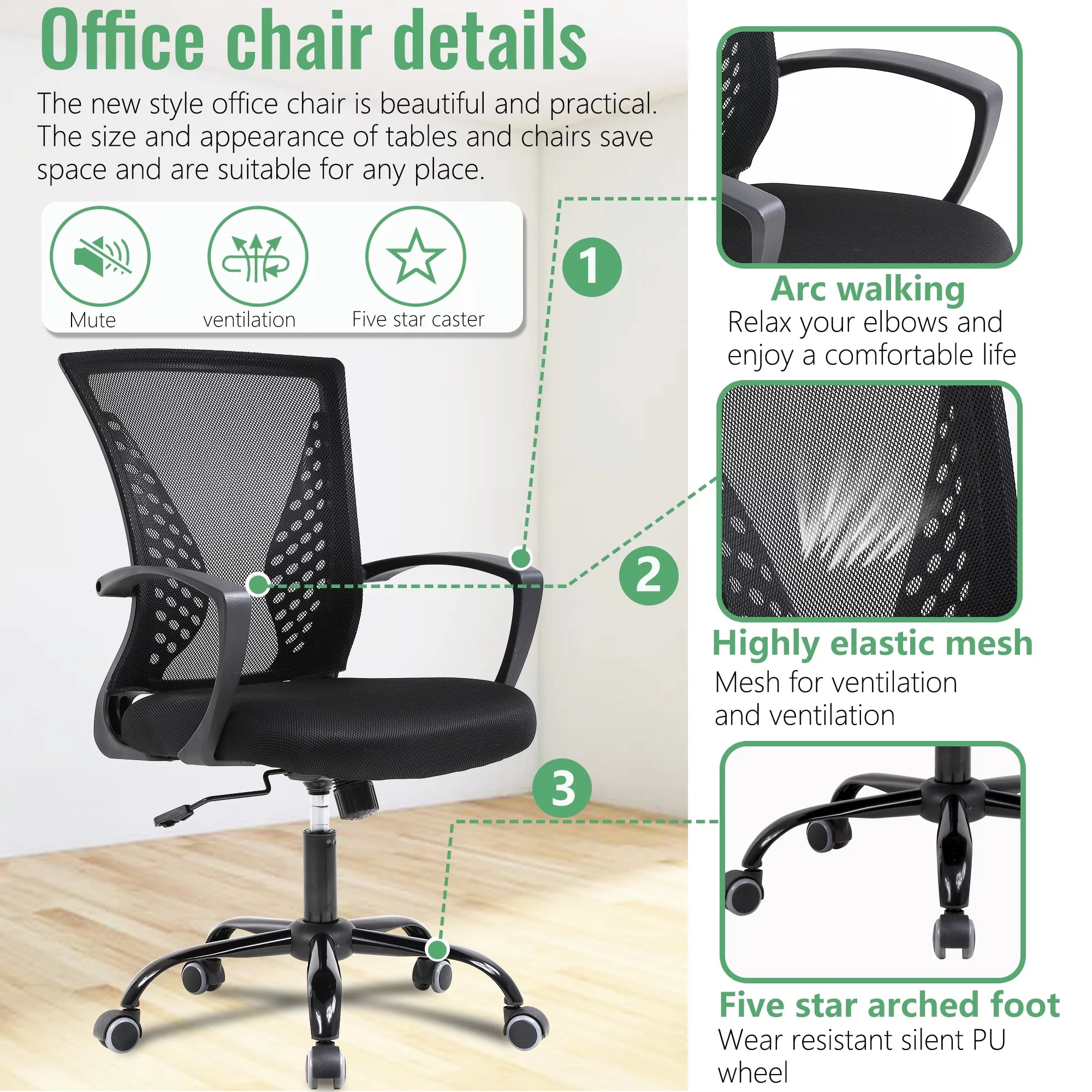 FDW Mesh Office Chair Ergonomic Swivel with Lumbar Support, Black C776