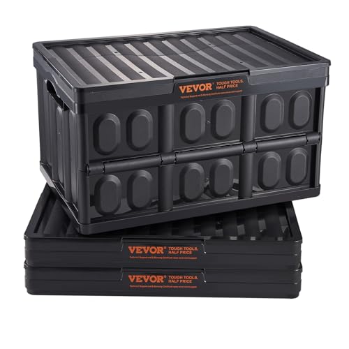 VEVOR 45L Collapsible Storage Bins with Lids 3 Packs, Stackable Utility Crates with Handles, Large Folding Containers for Organizing Tools, Snacks, Books, Food, Drinks, Camping & Transport