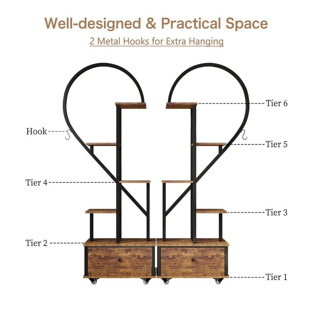 Walsport 6 Tier Heart-Shape Plant Stand with Drawer and Rollers, Metal and Wood, 2 Pack A756333