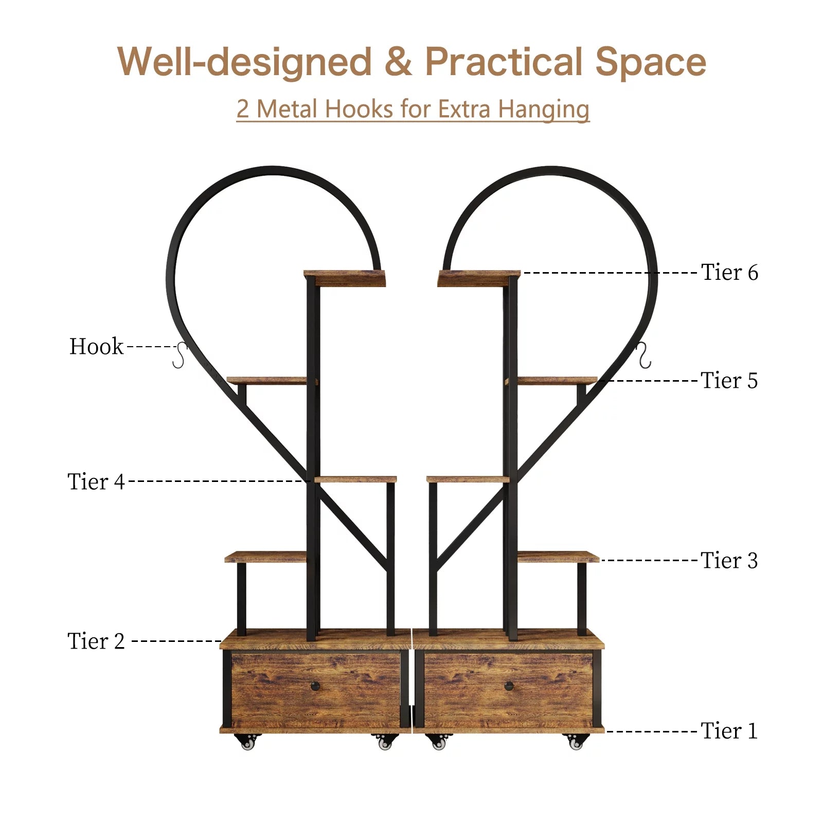 Walsport 6 Tier Heart-Shape Plant Stand with Drawer and Rollers, Metal and Wood, 2 Pack A756333