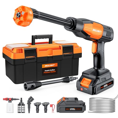 SEALIGHT Cordless Pressure Washer, 970PSI Portable Power Washer with 2pcs Rechargeable 3.0Ah Batteries/ 6-in-1 Nozzle/ 45-Degree Nozzle, Handheld Cleaner for Car/Bike/Fence/Garden/Floor/Yard