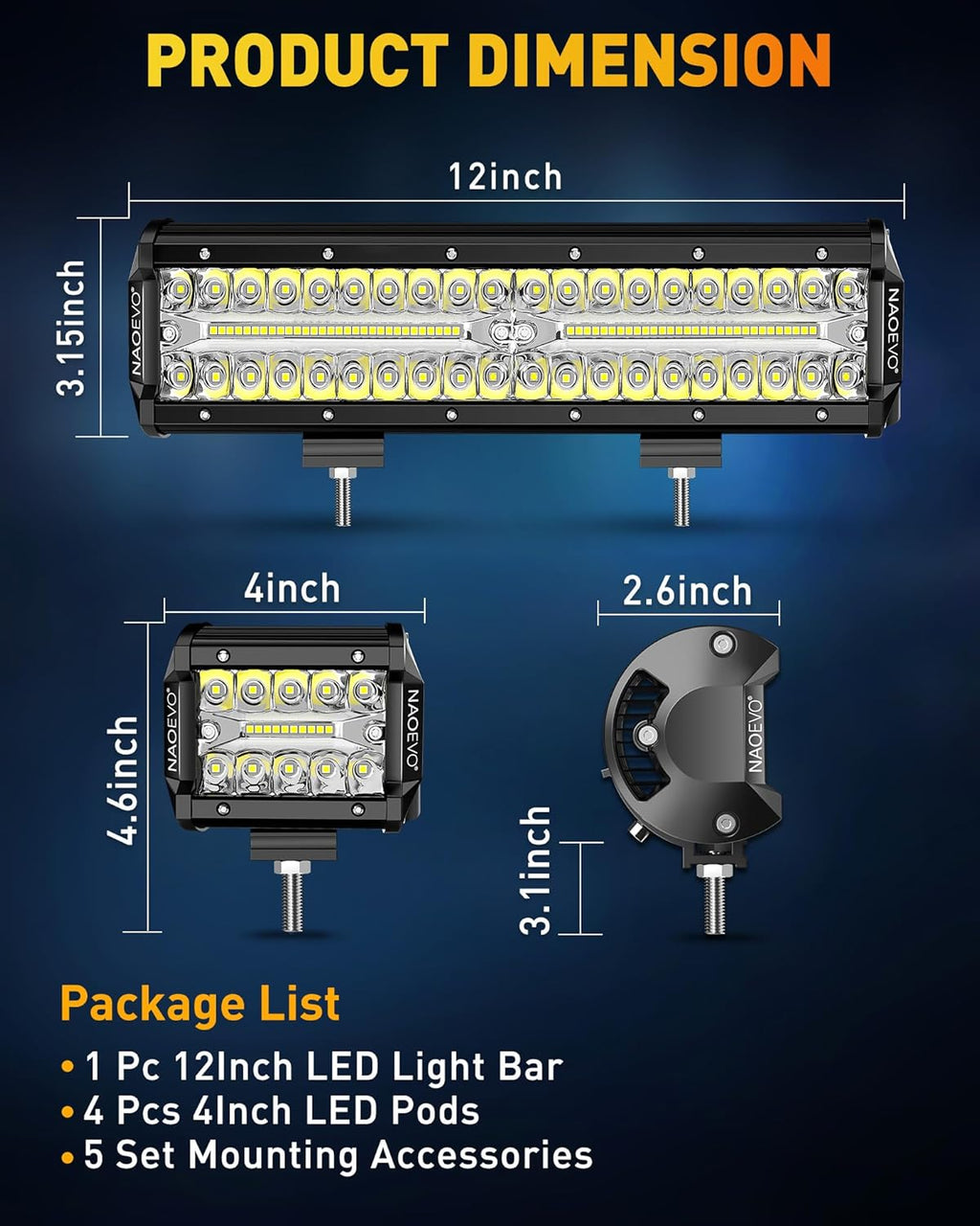 NAOEVO 12 Inch LED Light Bar and 4 Inch LED Pod Lights for Truck Car UTV ATV Jeep Boat C258