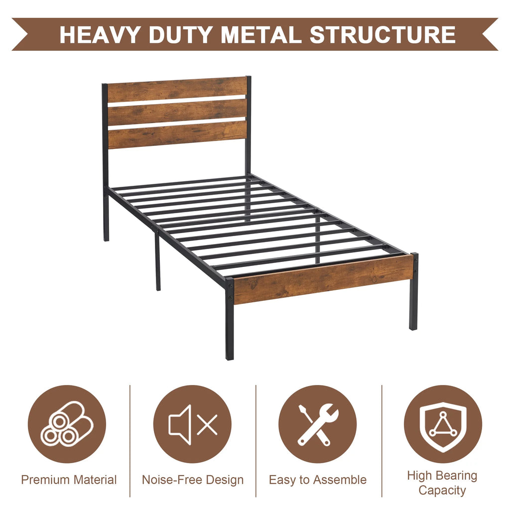 VECELO Twin Bed Frame with Wooden Headboard, Metal Slats, Brown L2211