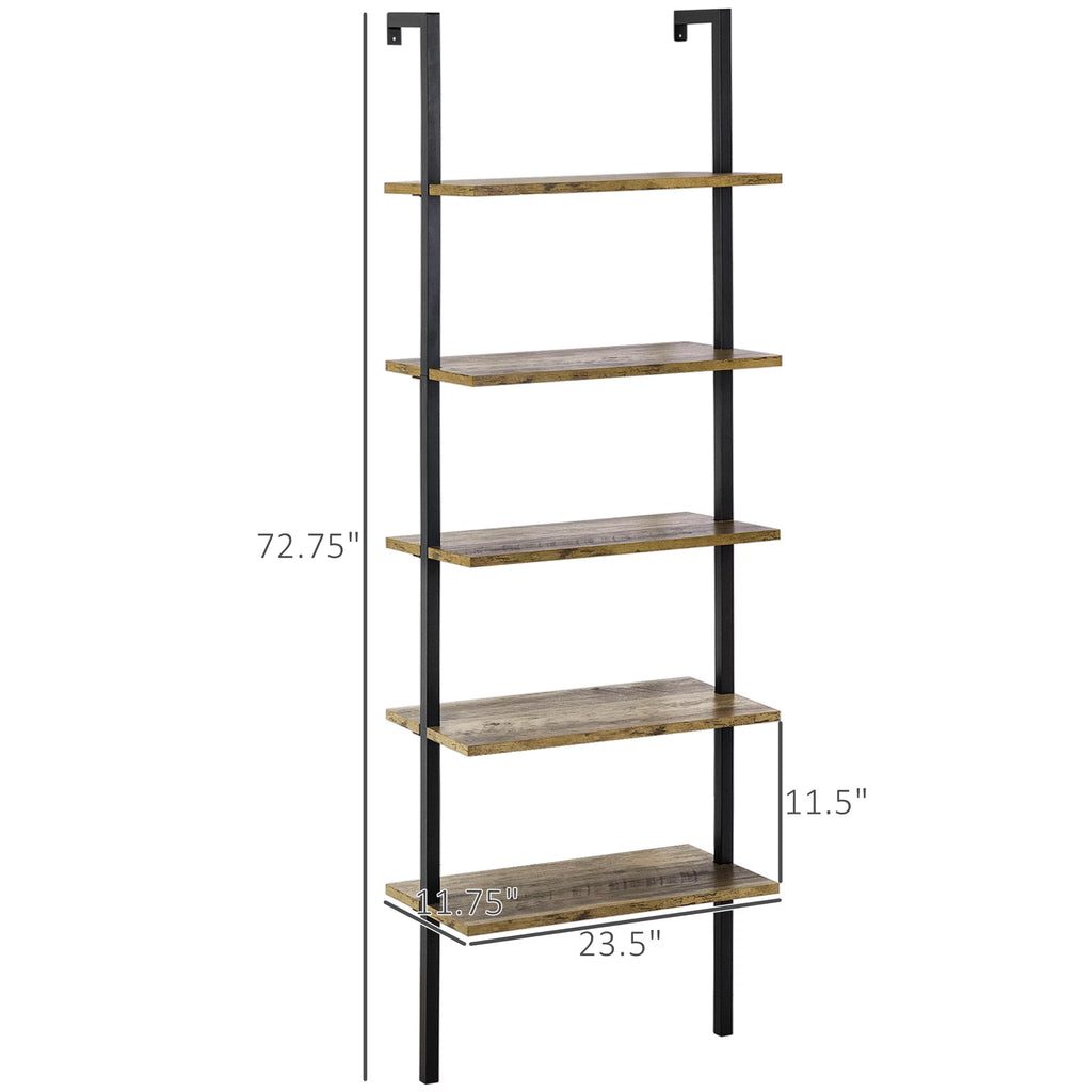 HOMCOM Industrial 5 Tier Wall Mount Ladder Shelf Bookcase, Brown W178352